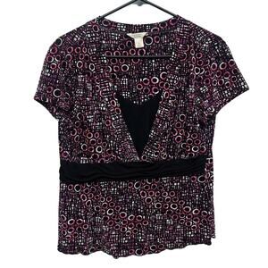 Christopher & Banks Geometric Circle Print Blouse M Pink‎ Black Y2K Retro Top
